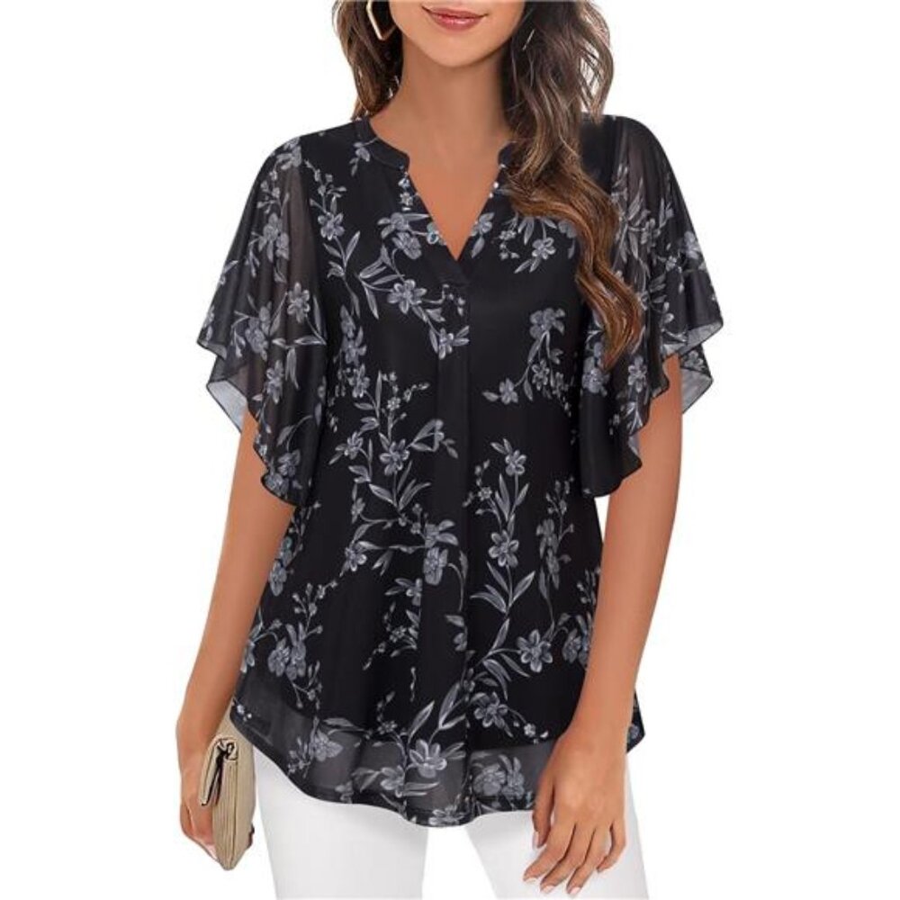 Women's Short Sleeve V Neck Blouses Shirts Floral Double Layers Mesh